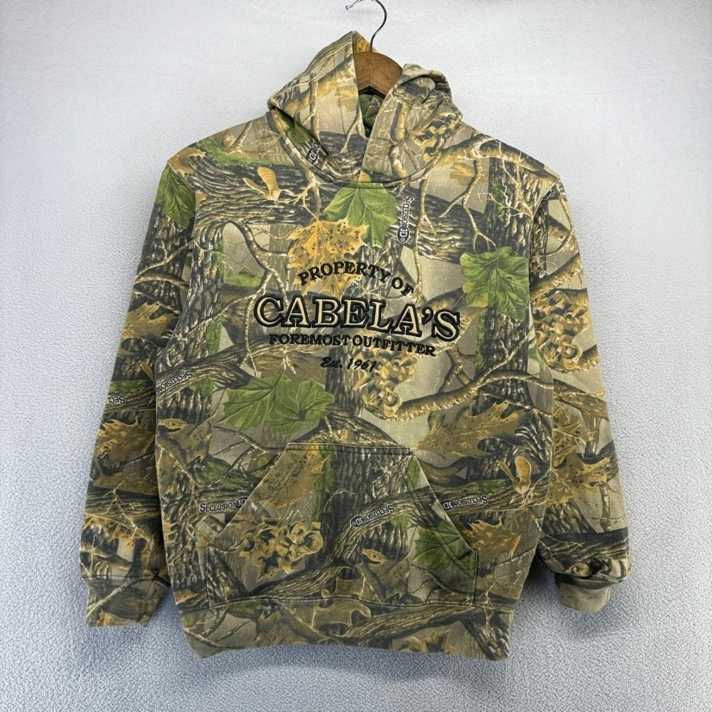 Vintage Cabelas Hoodie Youth Medium Green Camo Seclusion 3D All over Embroidered